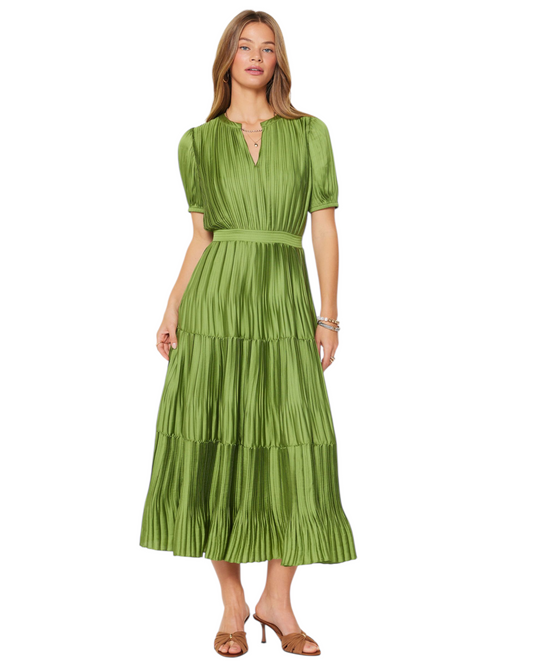 Pleated Tiered Maxi Dress with Puff Sleeves