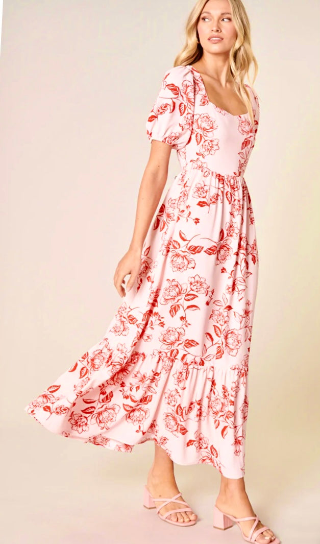 Pink and Red Peony MIDI Dress - D-S Fashion Sophisticated Boutique