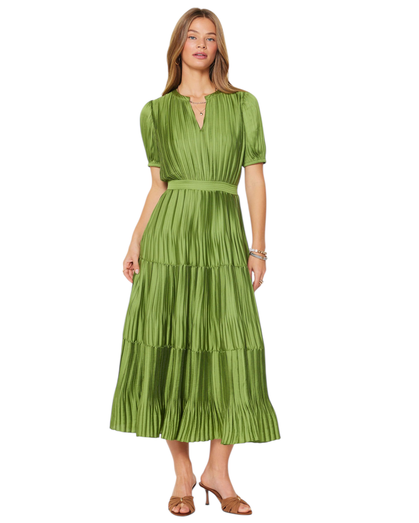 Pleated Tiered Maxi Dress with Puff Sleeves