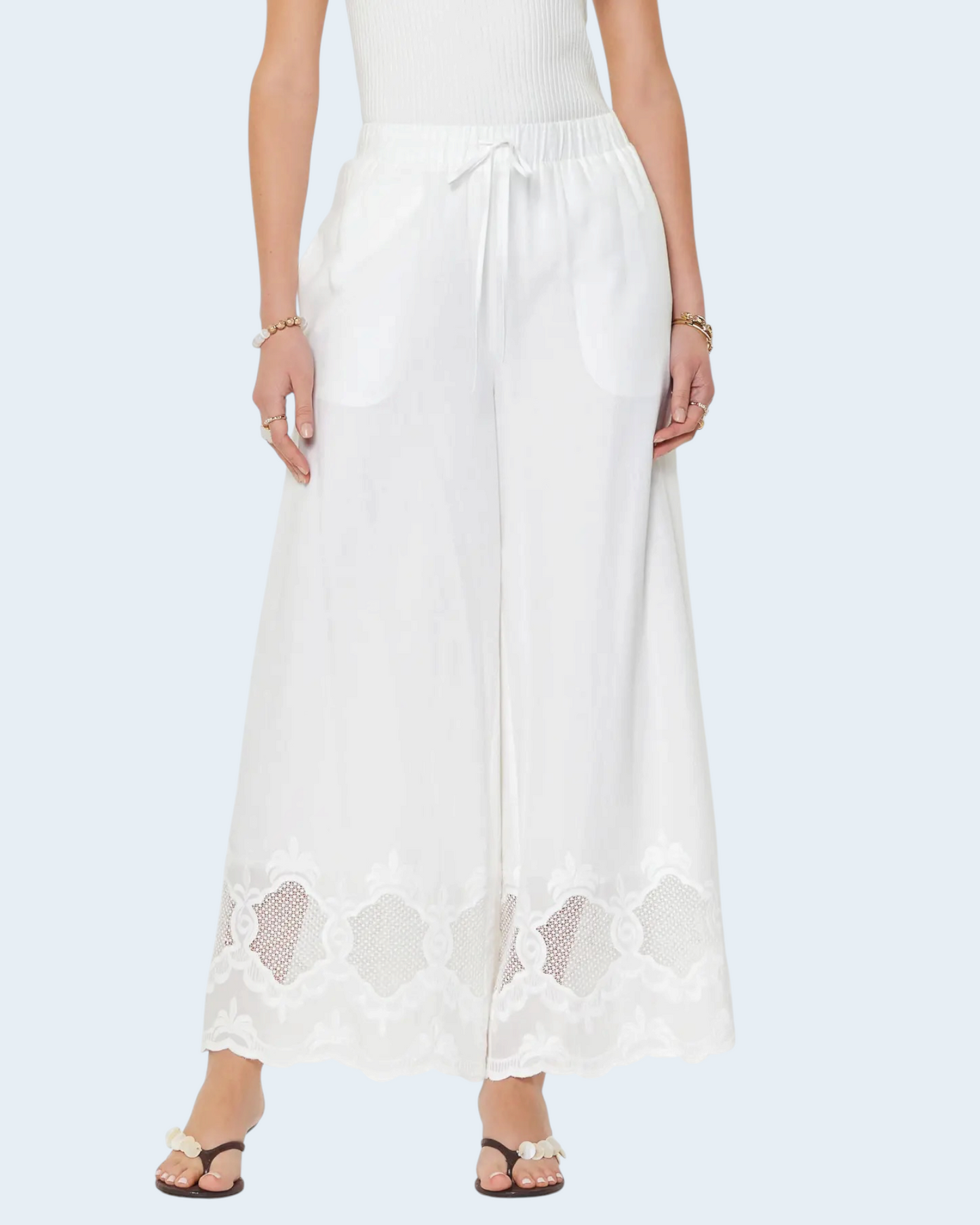 Embroidered Border Wide Leg Pants