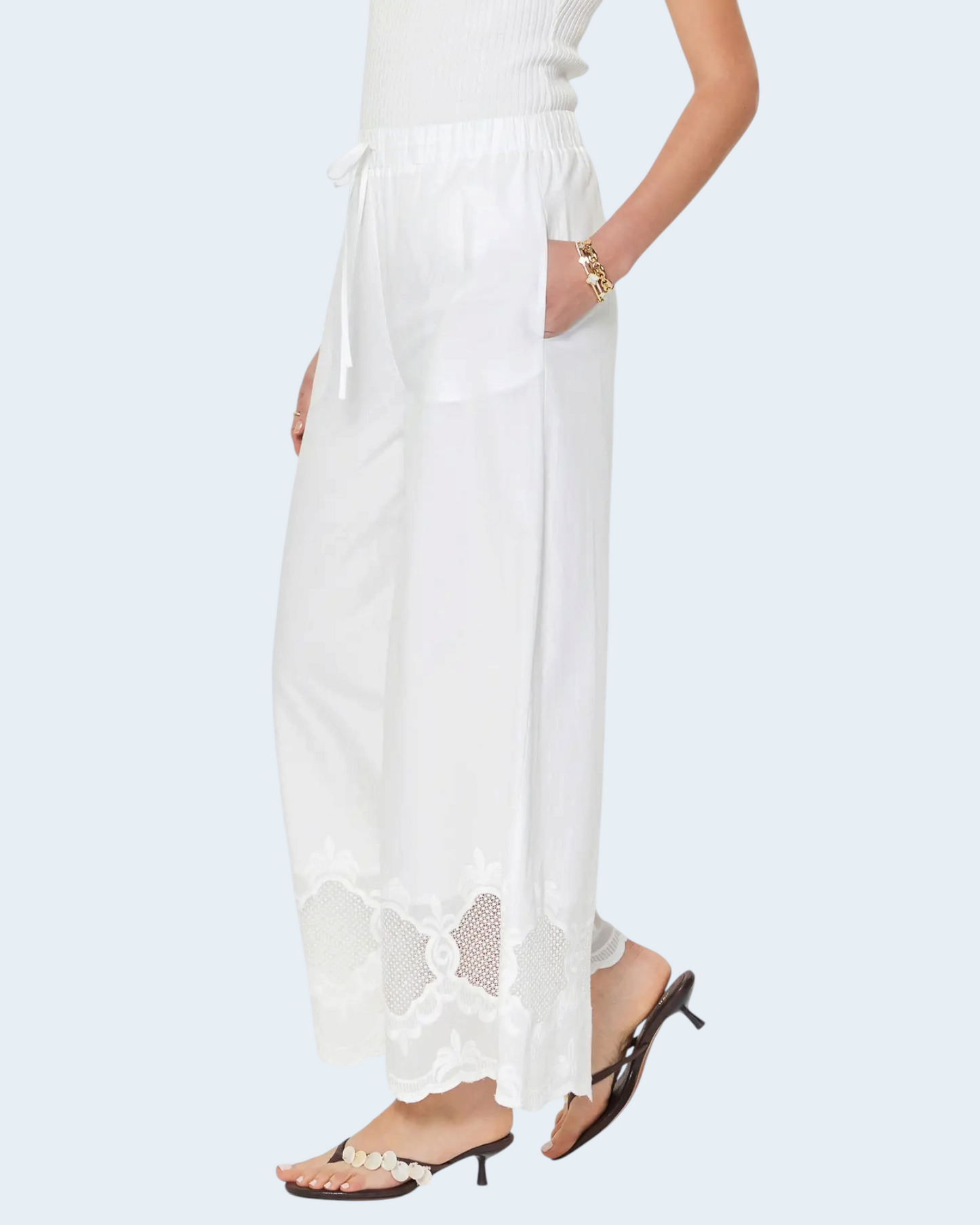 Embroidered Border Wide Leg Pants