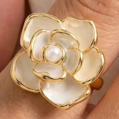 Pearl Center Enamel Rose Ring