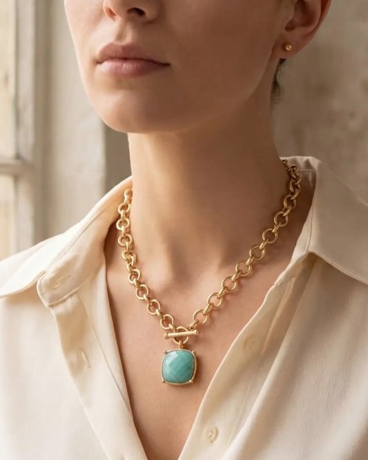 Large Square Faceted Stone Pendant Toggle Chain Necklace