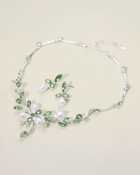 Pearl Embellished Leaf Branch Necklace & Earring Set