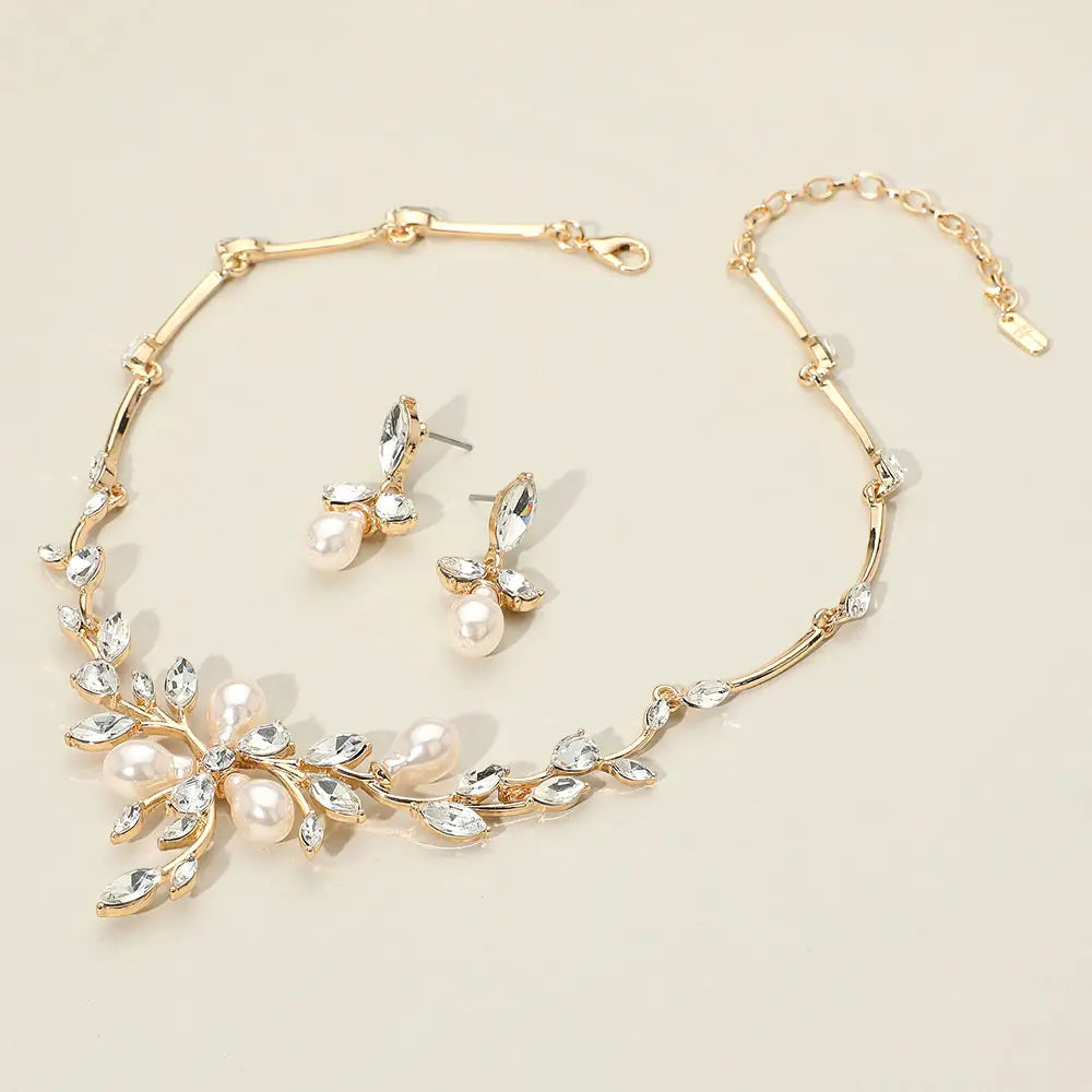Pearl Embellished Leaf Branch Necklace & Earring Set