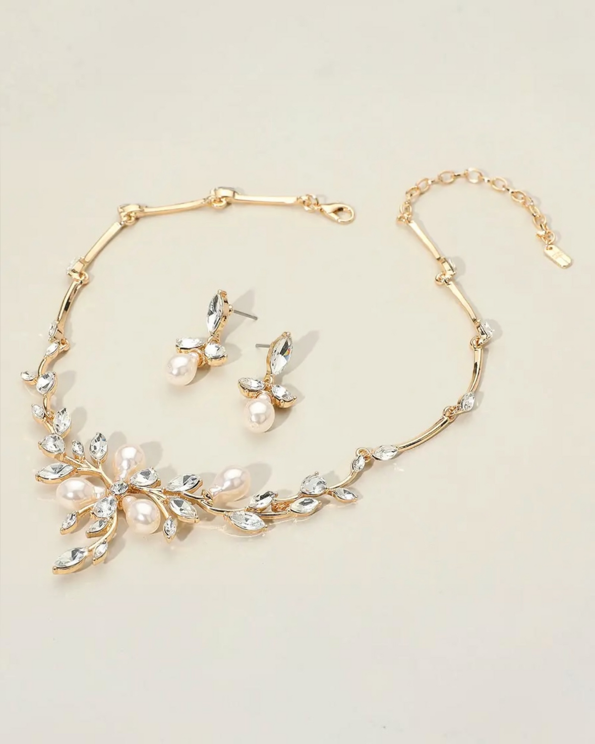 Pearl Embellished Leaf Branch Necklace & Earring Set