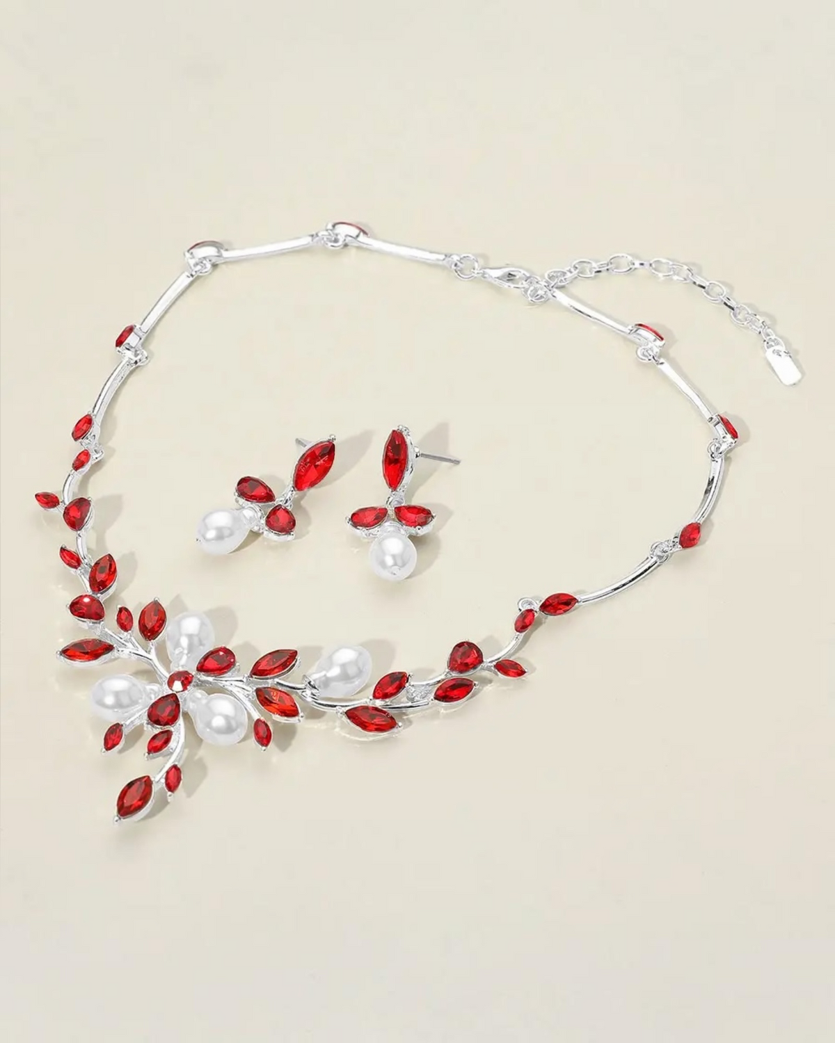 Pearl Embellished Leaf Branch Necklace & Earring Set