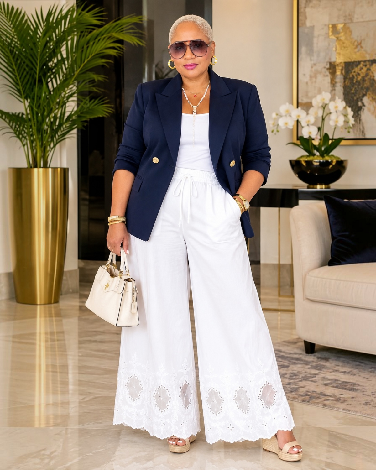 Pantalon large brodé sur le bord