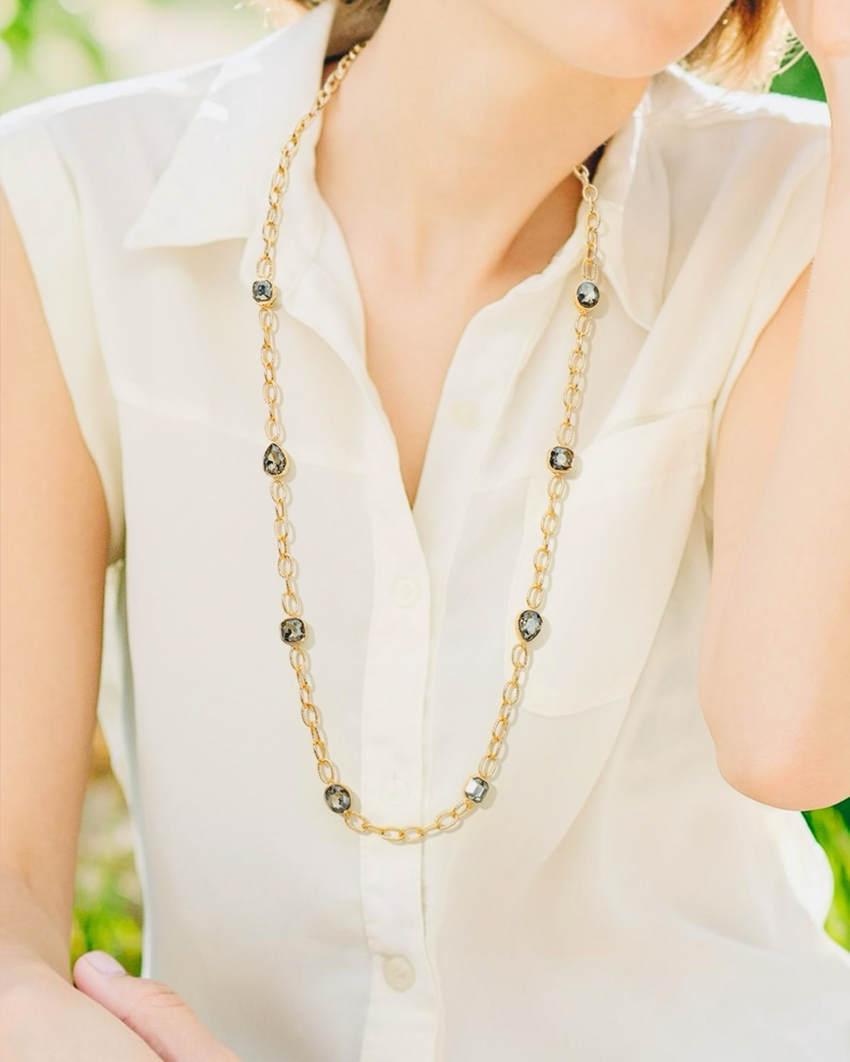 Gold Tone Geometric Stone Long Layering Necklace