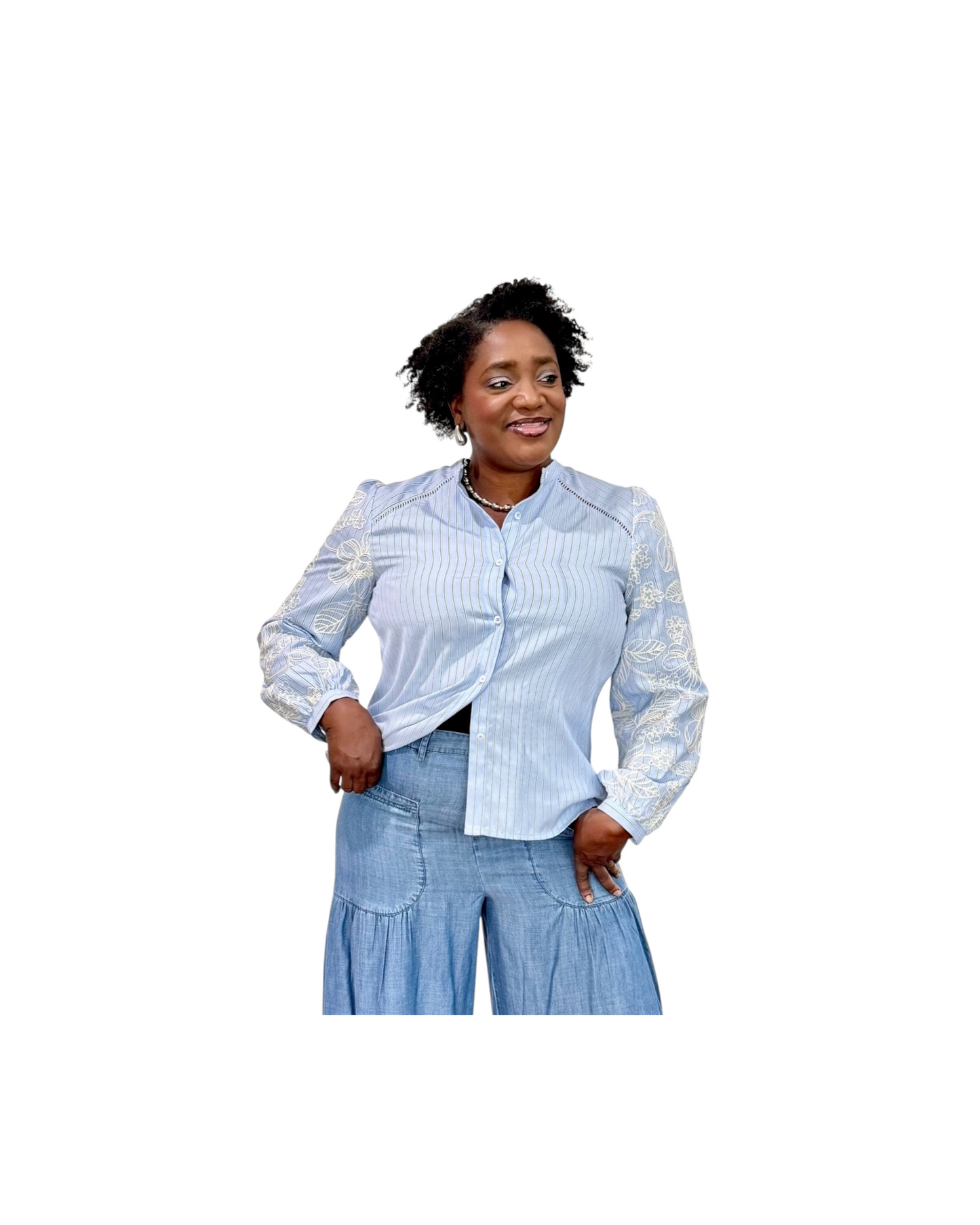 Pinstripe Embroidered Blouse