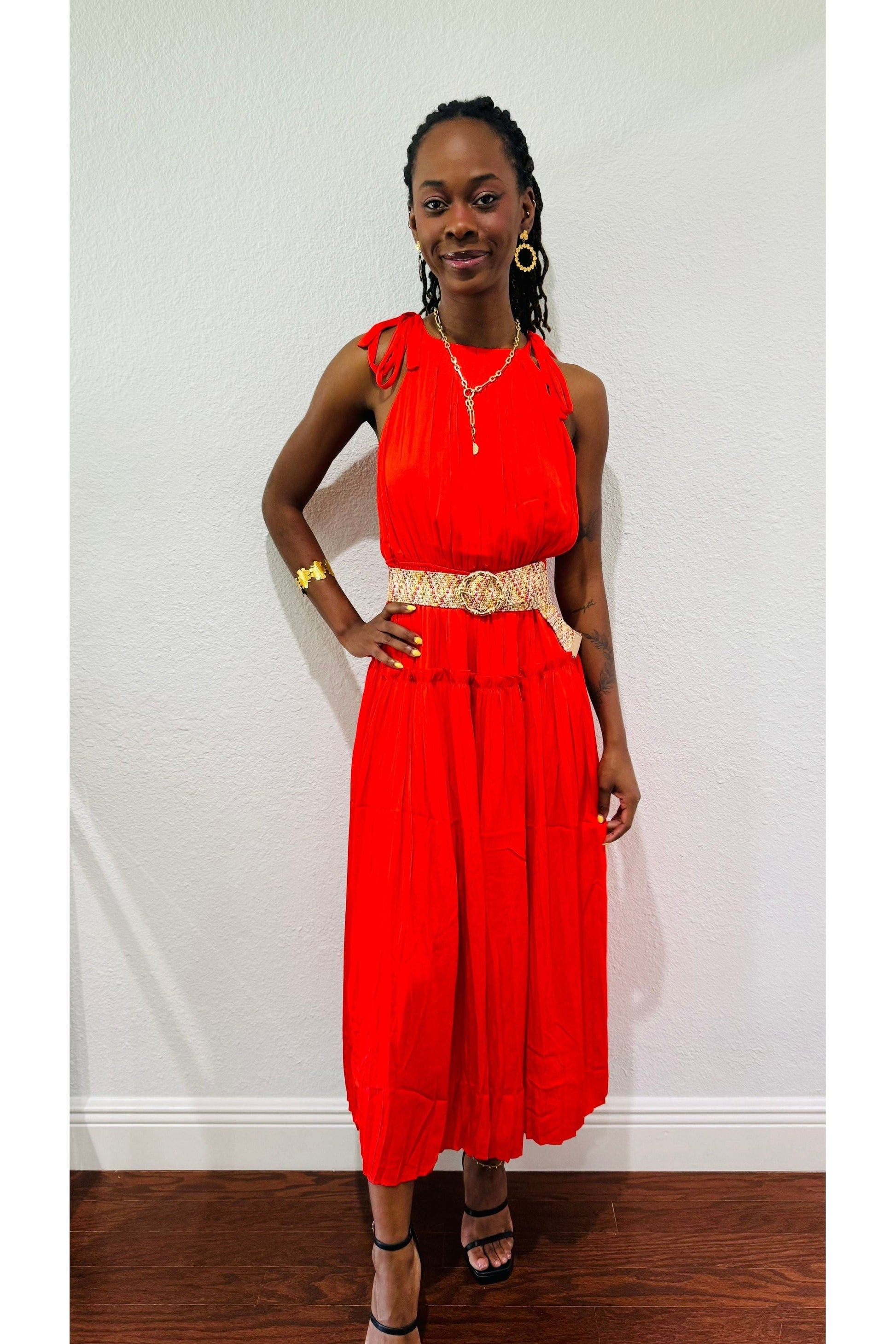 Pleated Halter Midi Dress | Elegant Women's Dress