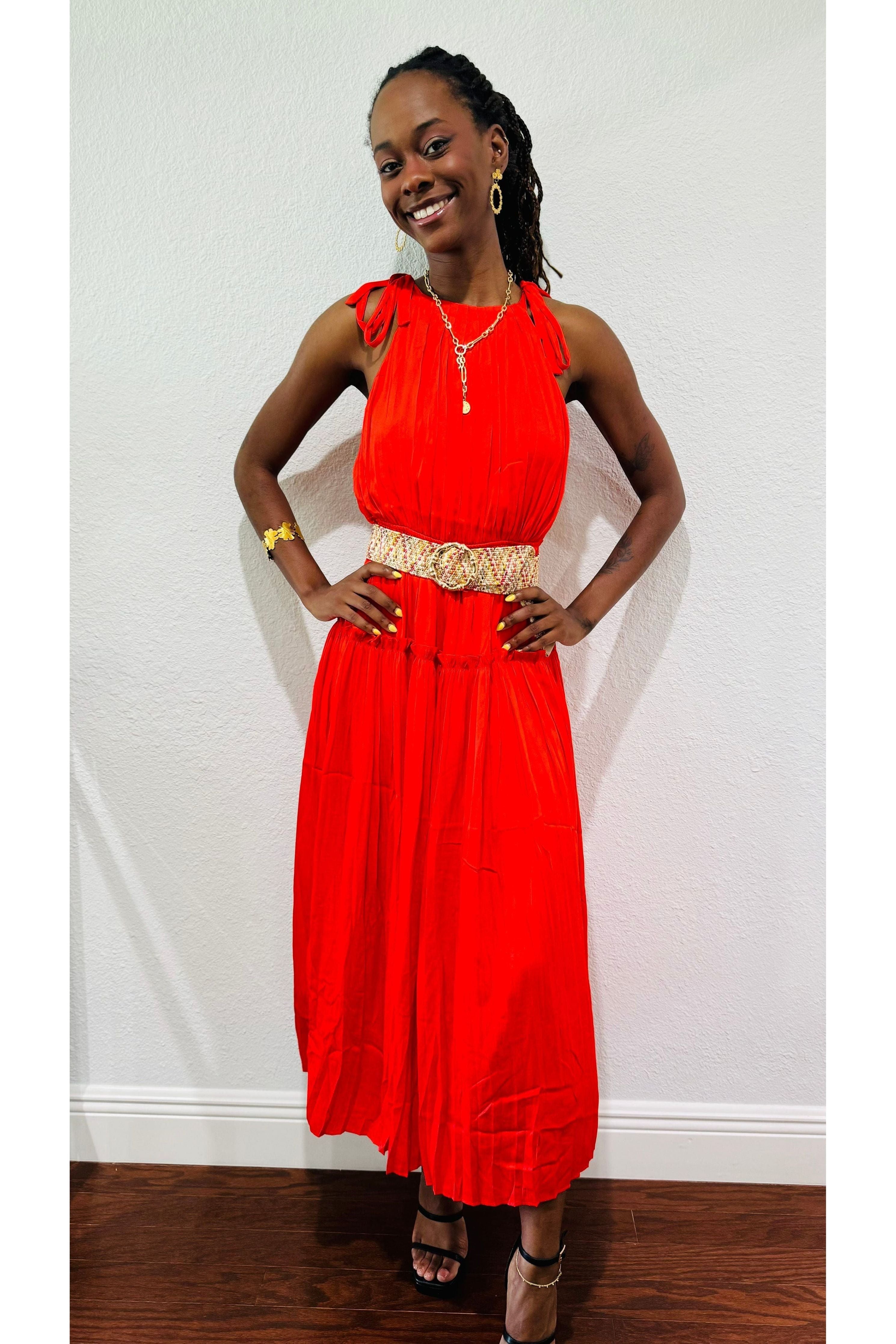 Pleated Halter Midi Dress - D-S Fashion Sophisticated Boutique
