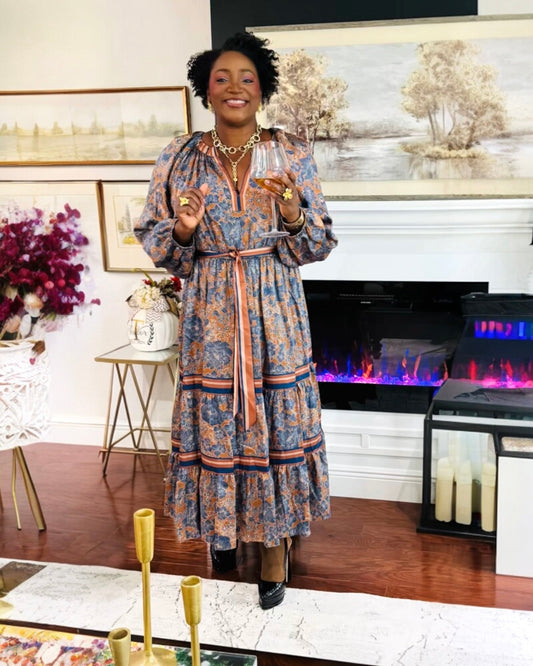 Split V-Neck Long Sleeve A-Line Floral Print Maxi Dress — Brown Navy Mult - D-S Fashion Sophisticated Boutique