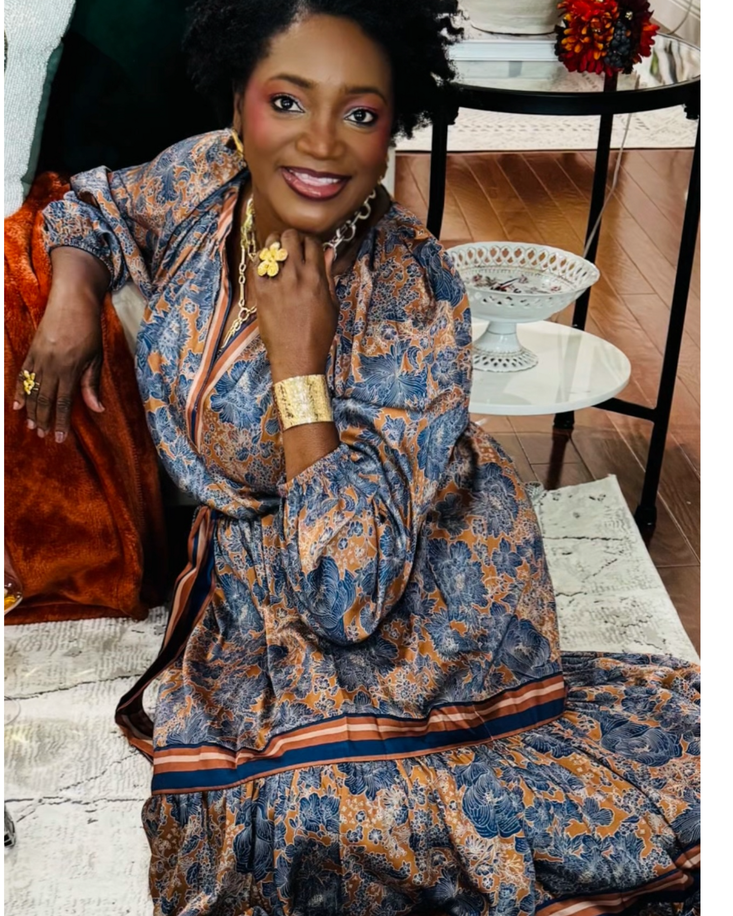 Split V-Neck Long Sleeve A-Line Floral Print Maxi Dress — Brown Navy Mult - D-S Fashion Sophisticated Boutique