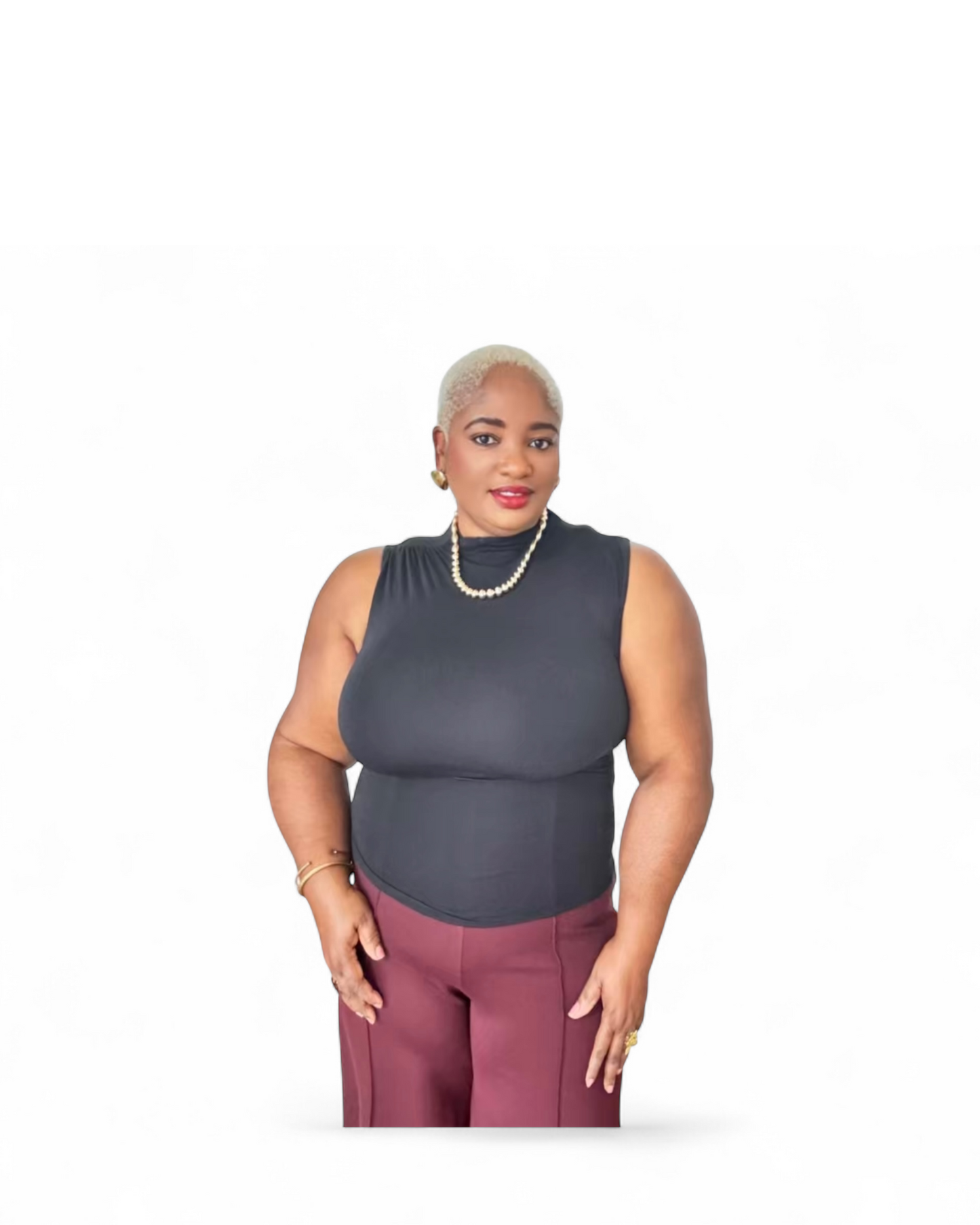 Elegant ruched shoulder sleeveless mock neck top in black and red — sophisticated women’s fashion top for work