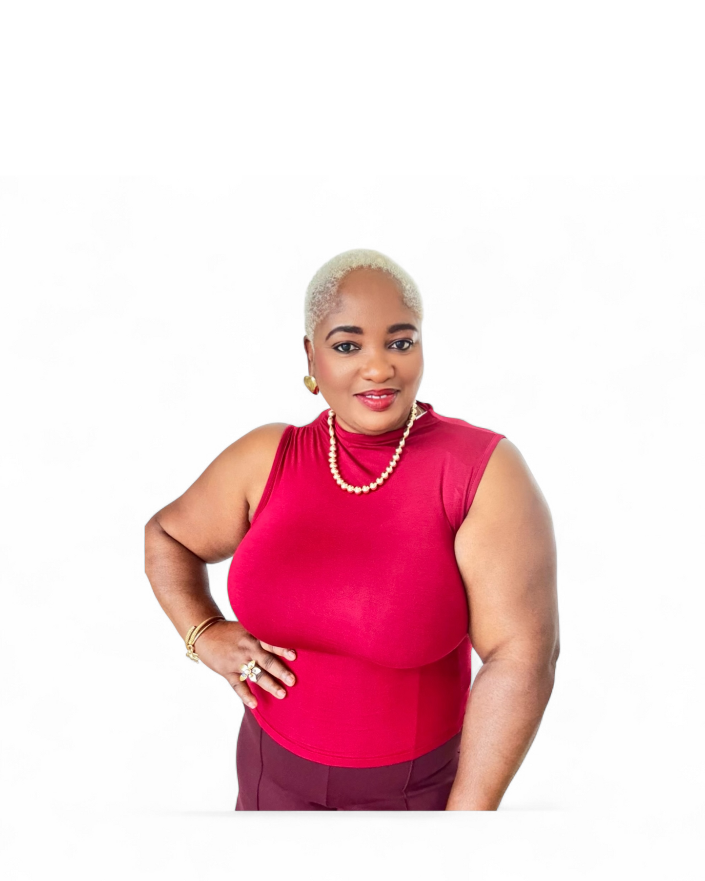 Elegant ruched shoulder sleeveless mock neck top in black and red — sophisticated women’s fashion top for work