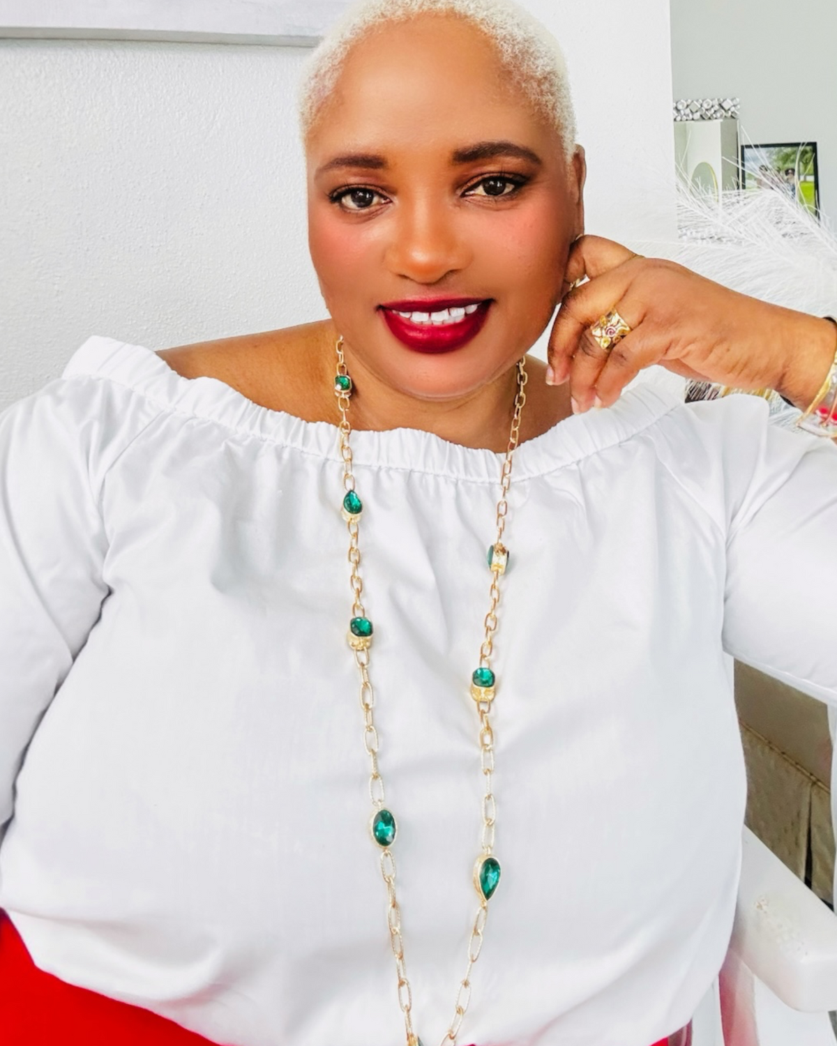 Gold Tone Geometric Stone Long Layering Necklace