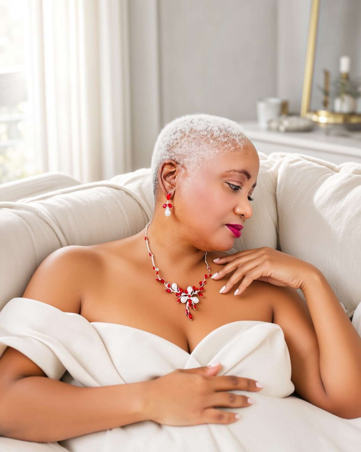 Pearl Embellished Leaf Branch Necklace & Earring Set